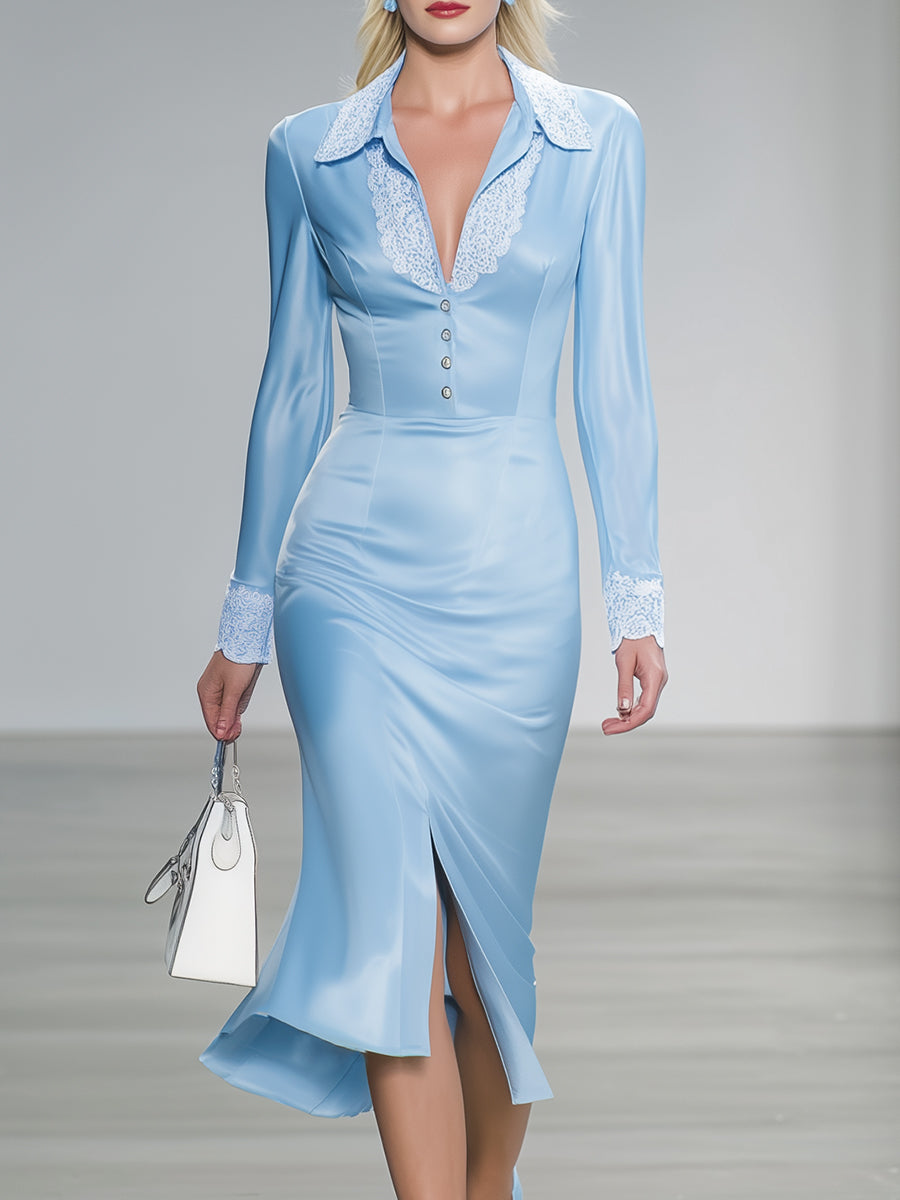 Elegant Blue Satin-trimmed White Lace Button-down Midi Dress