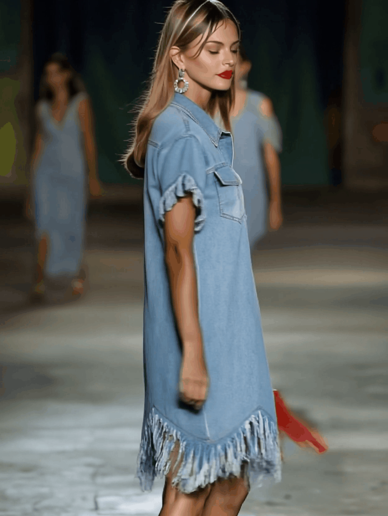 Casual Loose Vintage Denim Short Sleeve Shirt Tassel Mini Dress
