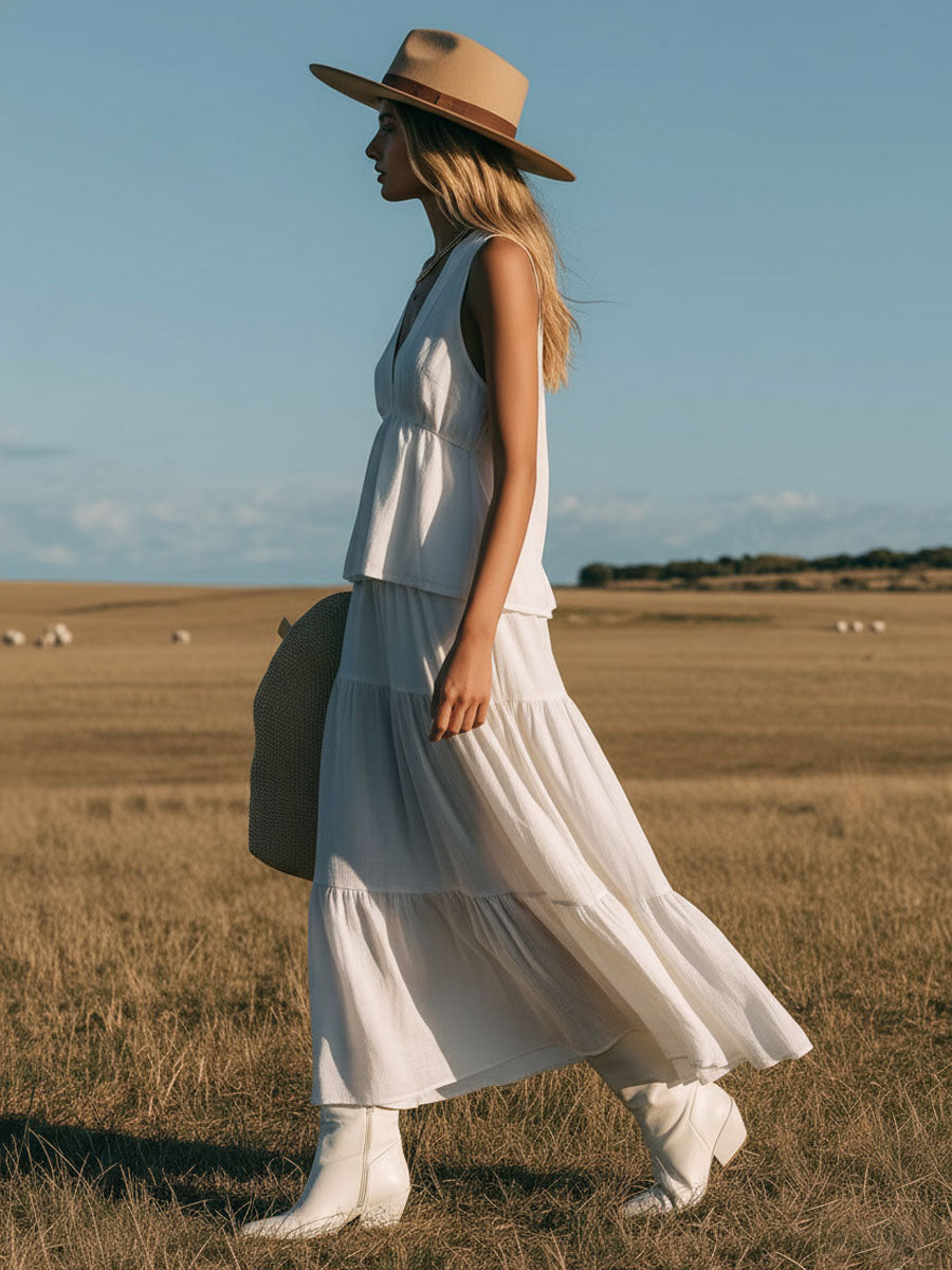 Cotton And Linen V-neck Sleeveless Top And Skirt Set