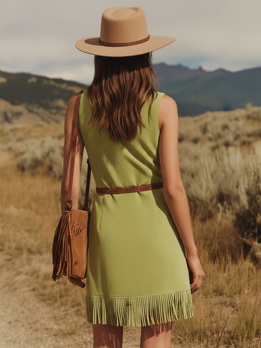 Western-style Retro Embroidered Green Tassel Round Neck Sleeveless Faux Suede Mini Dress