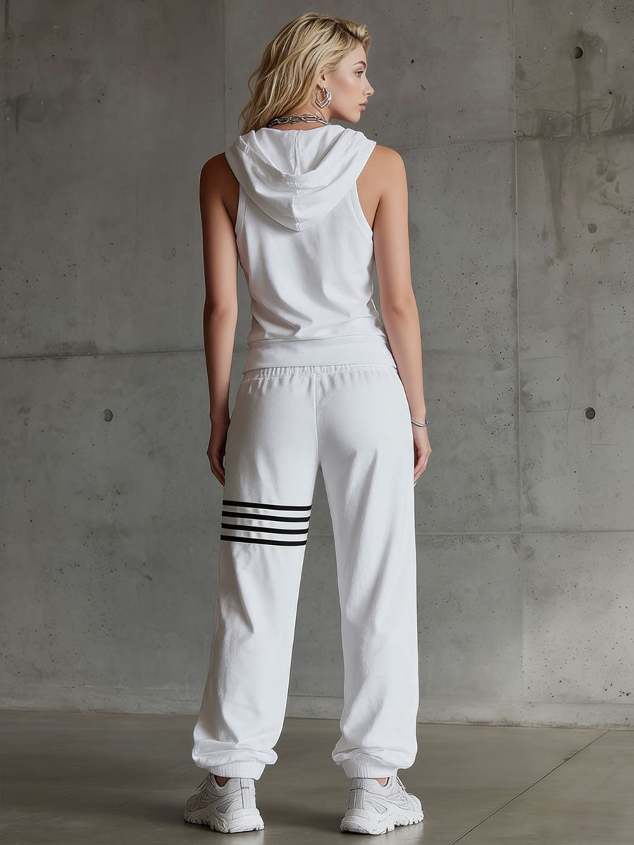 Sporty Retro Striped White Sleeveless Hooded Sweatshirt And Pants Set