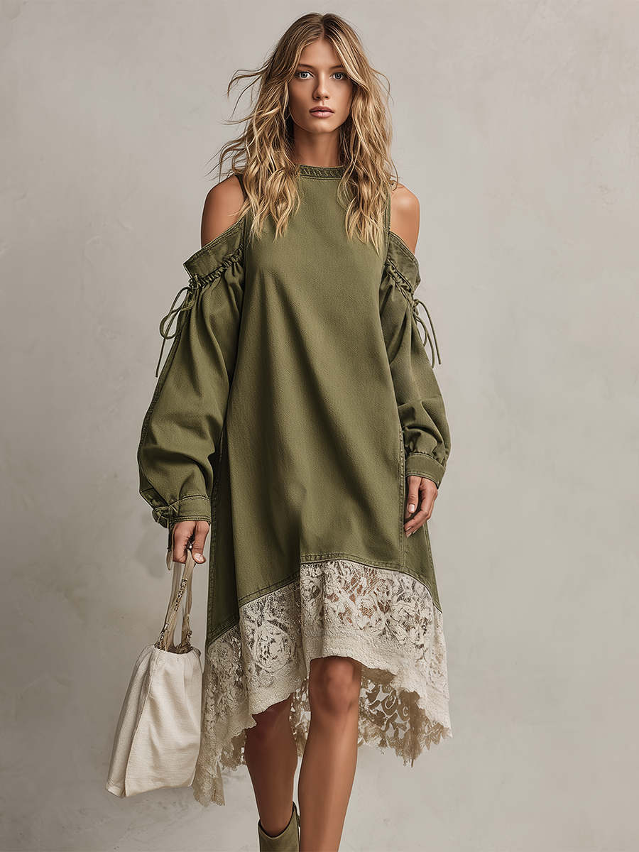Bohemian Off-shoulder Lace-up Lace Denim Dress