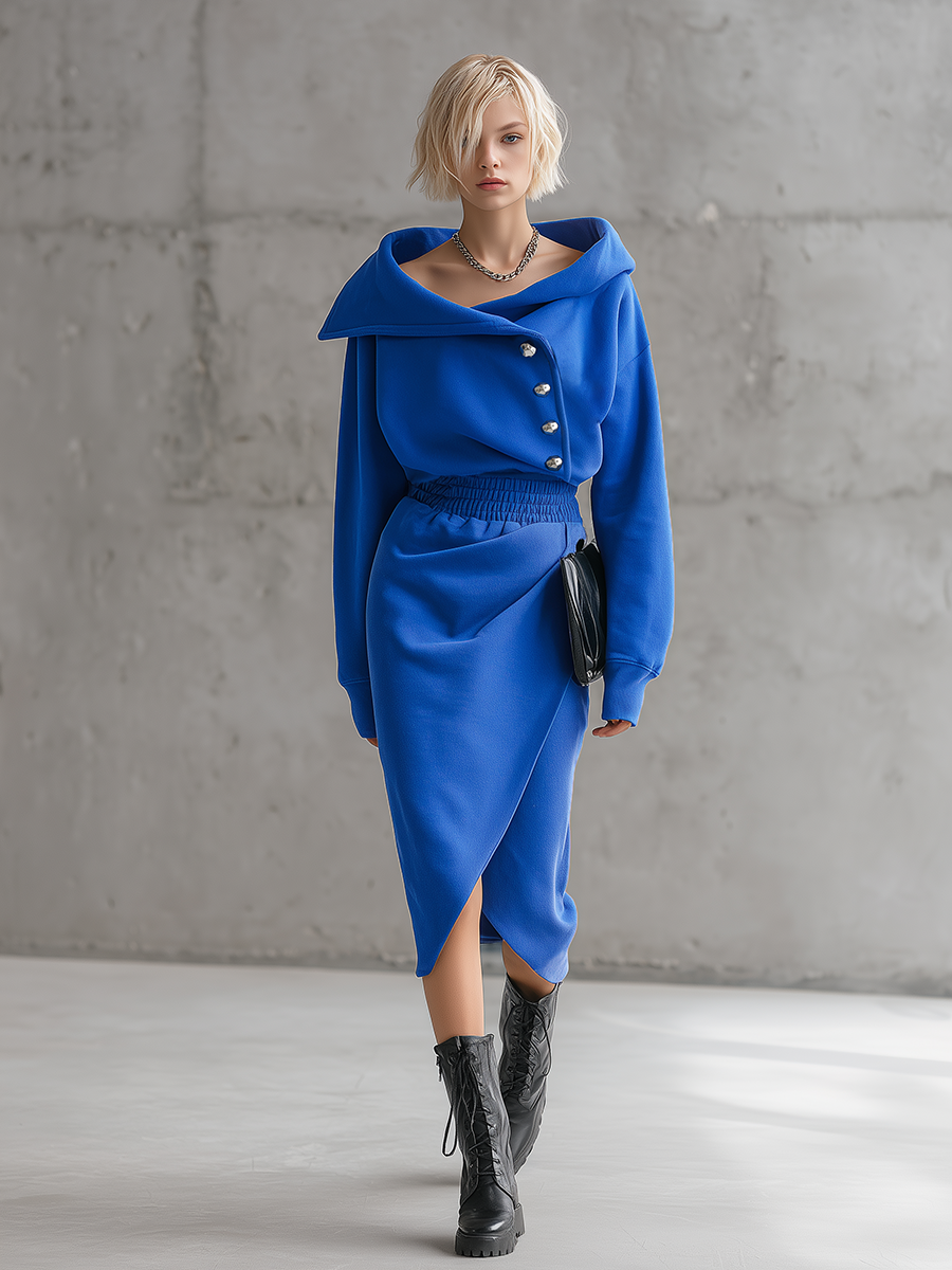 Trendy Sporty Oversized Lapel Royal Blue Midi Dress
