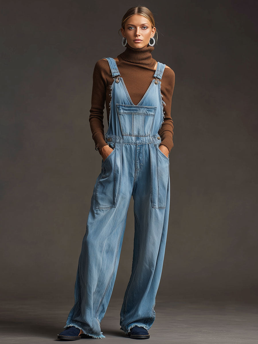 Casual Retro Washed Frayed Light Blue Denim Wide-leg Overalls
