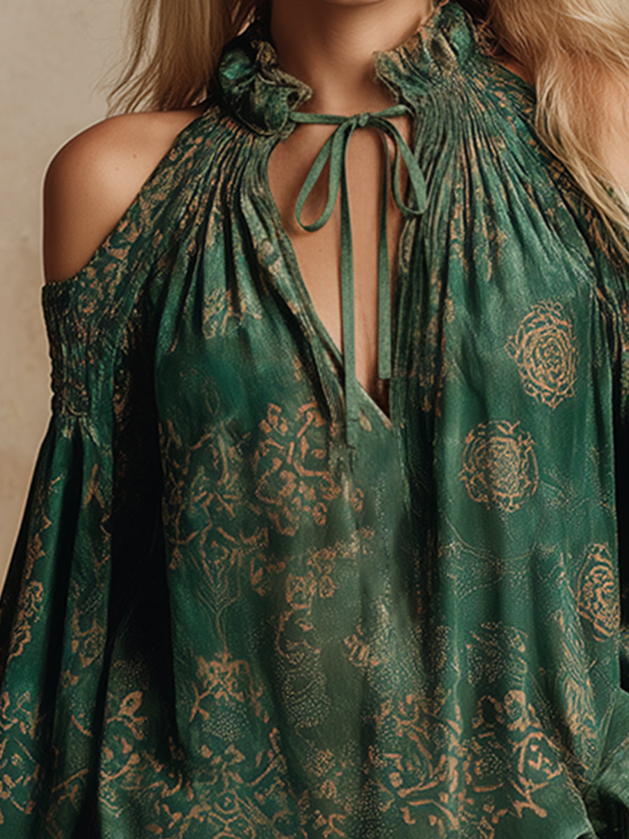 Vintage And Elegant Printed Green Faux Suede Off-the-shoulder Long-sleeved Shirt