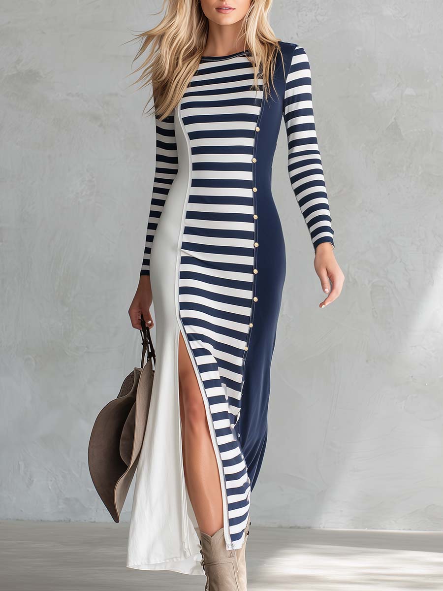 Elegant Retro Exquisite Round Neck Navy And White Contrast Striped Stretch Cotton Slit Midi Dress