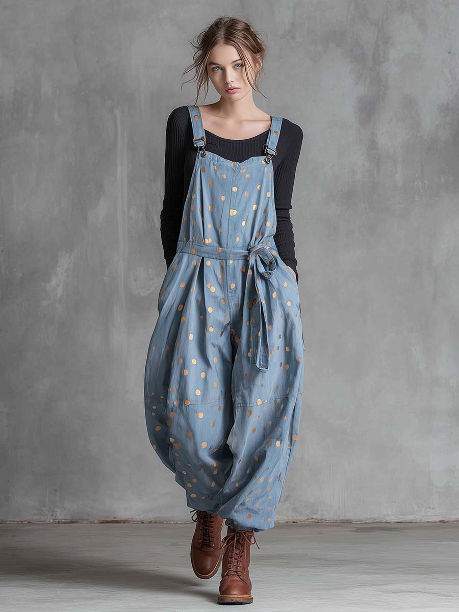 Vintage Fashion Waist Tie Gold Polka Dots Light Blue Denim Jumpsuit Overalls