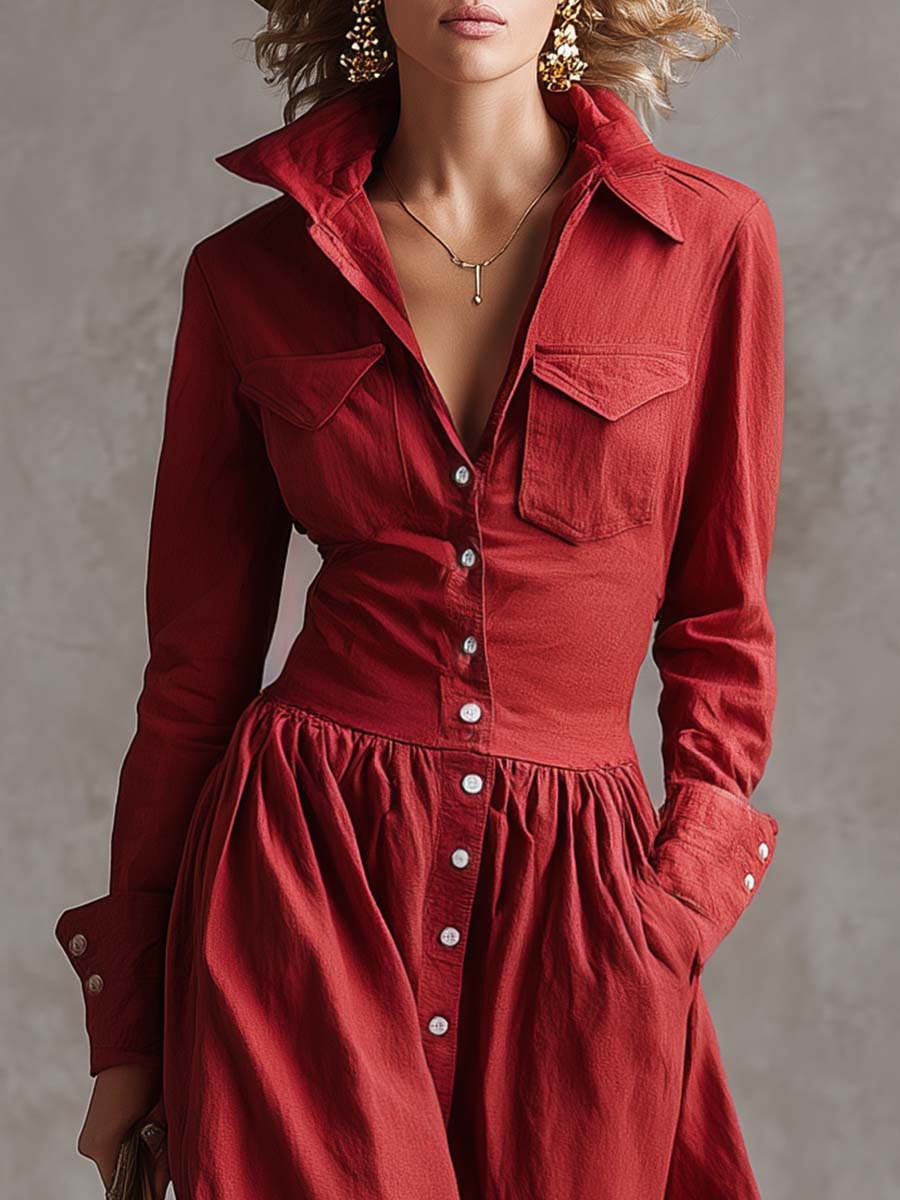 Exquisite Retro Western Lapel Front Button Red Windbreaker Style Cotton And Linen Maxi Dress