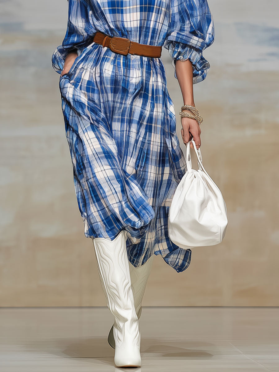 Casual Retro Blue And White Checkered Chiffon Long-sleeved Midi Dress
