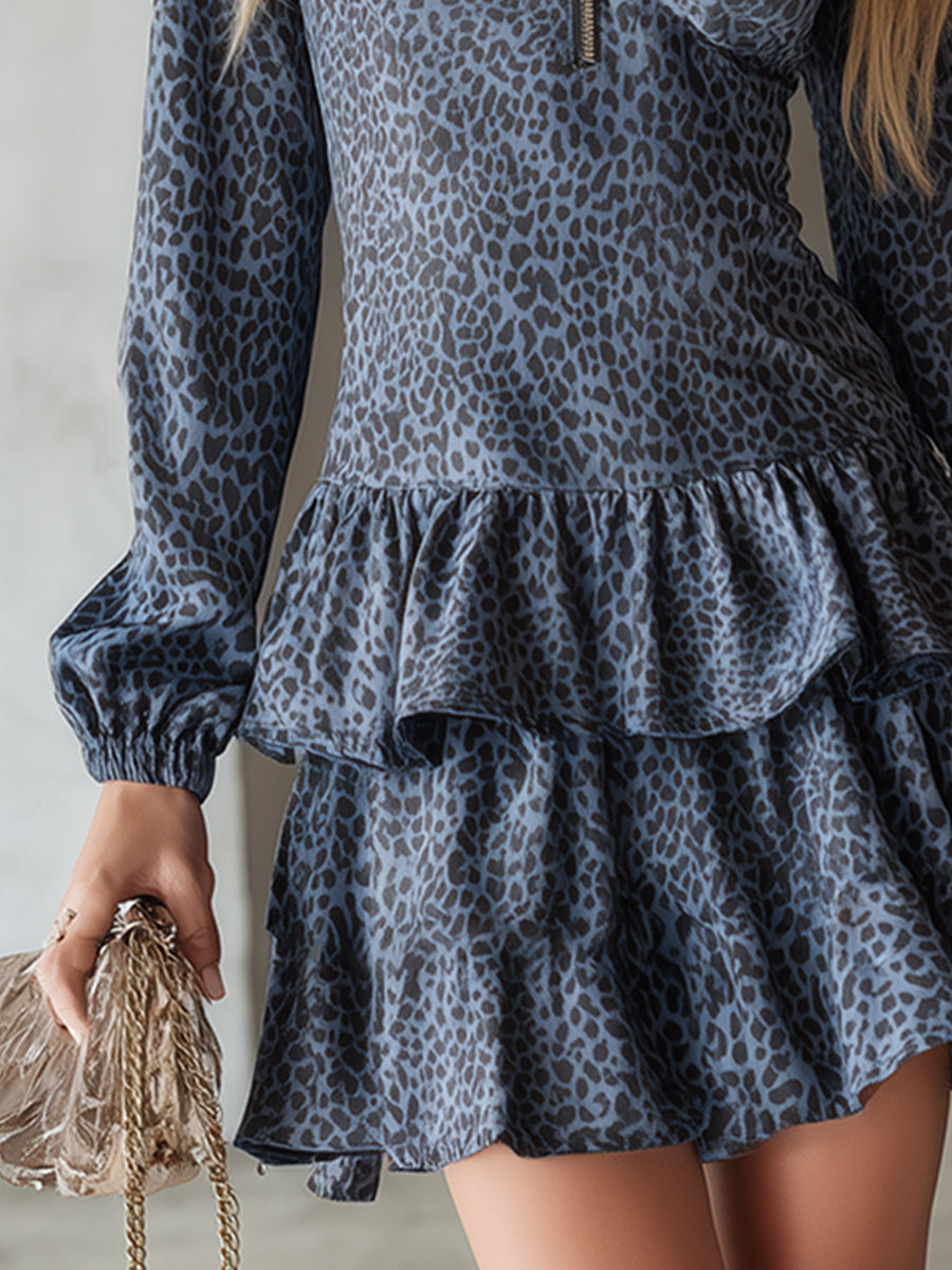 Retro Western-style Ruffled Blue Leopard Print Faux Suede Mini Dress