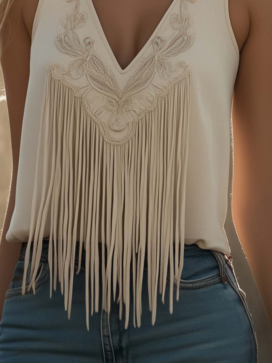 【24-hour shipping out】Exquisite And Fashionable Western Embroidery Tassel Beige V-Neck Vest
