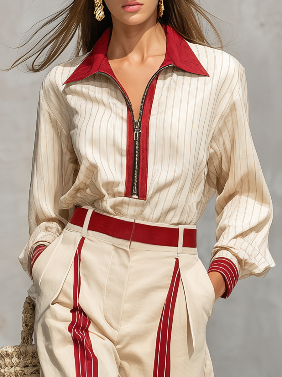 Vintage Charming Striped Shirt And Wide-leg Pants Set