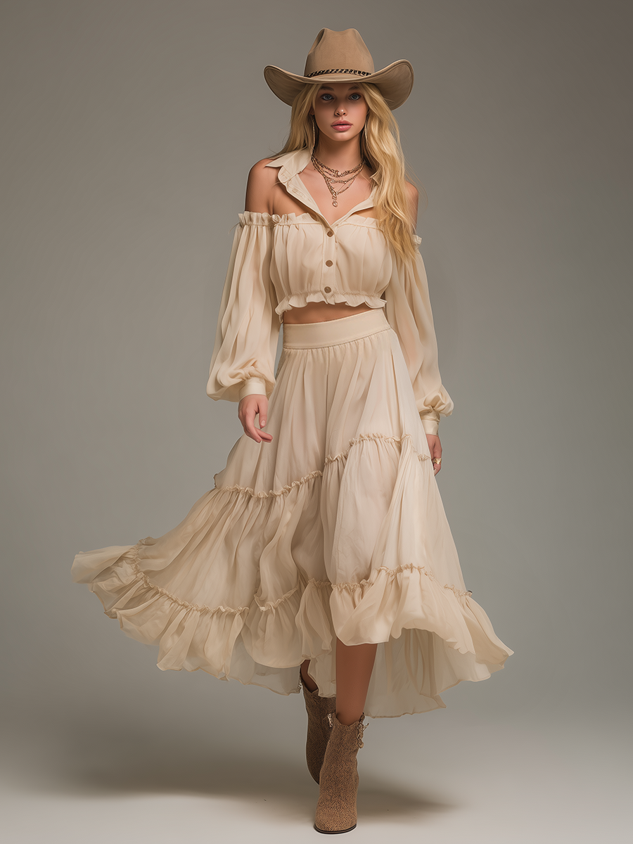 Elegant Stylish Long Sleeve Chiffon Blouse And Ruffled Skirt Set