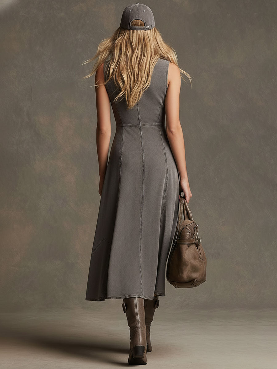 Fashionable Retro Gray Sleeveless Washed Denim Midi Dress
