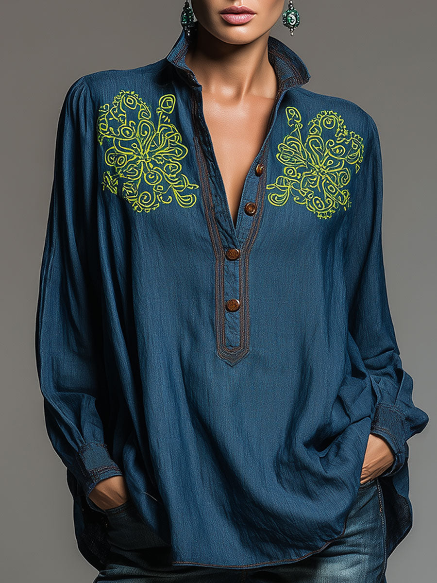 Western Retro Embroidered Blue Denim Shirt