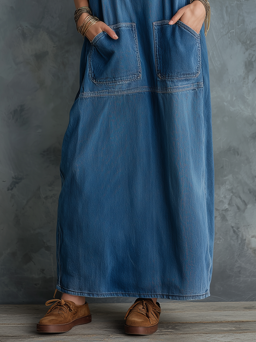 Vintage Lazy Chic Multi-pocket Long Denim Overall Dress