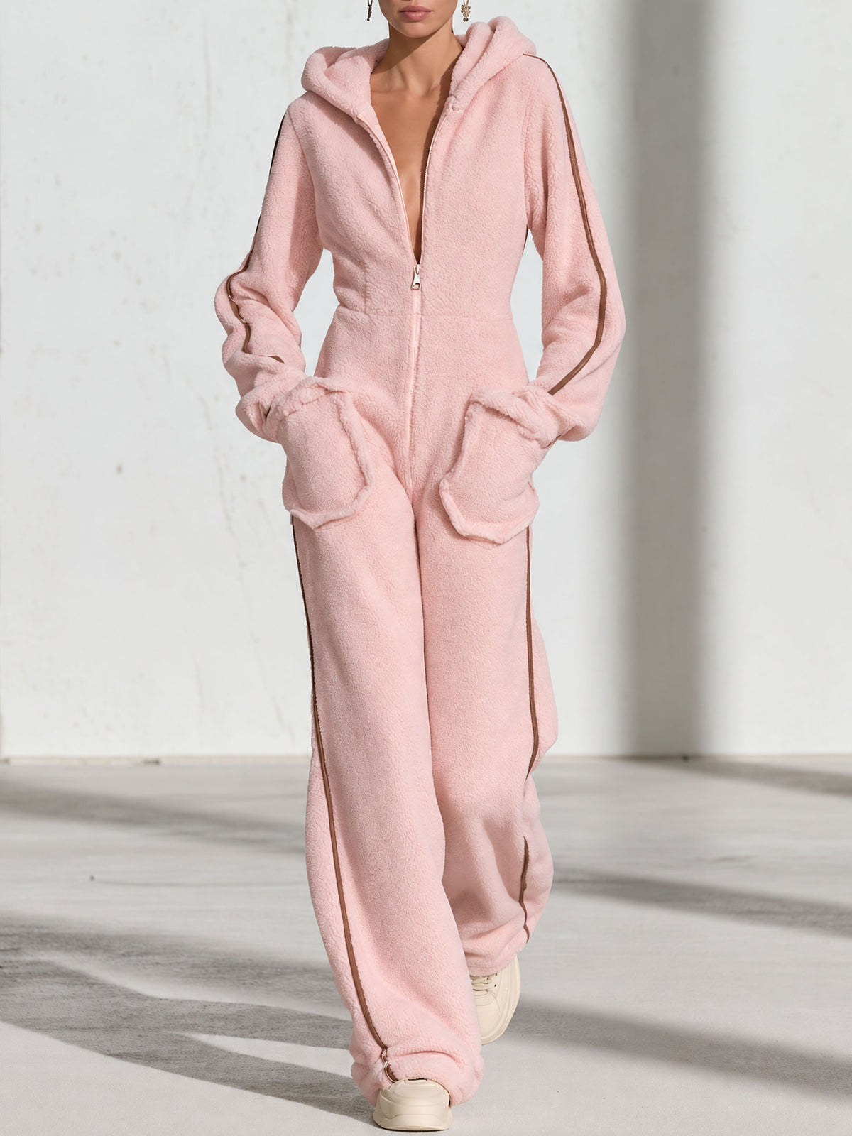 Casual Warm Fleece Color Block Long-Sleeved Hooded Jumpsuit
