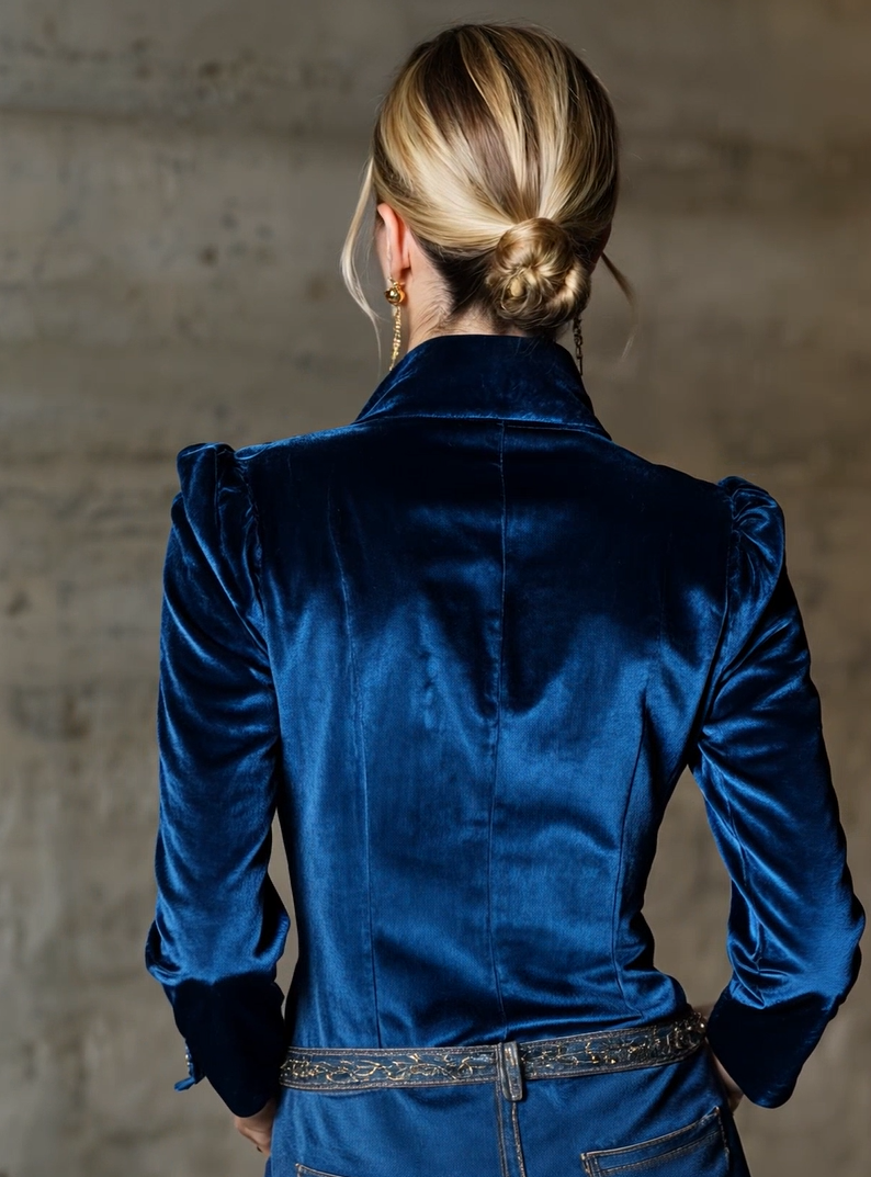 Elegant Blue Velvet Long-sleeved With Gold Buttons Shirt