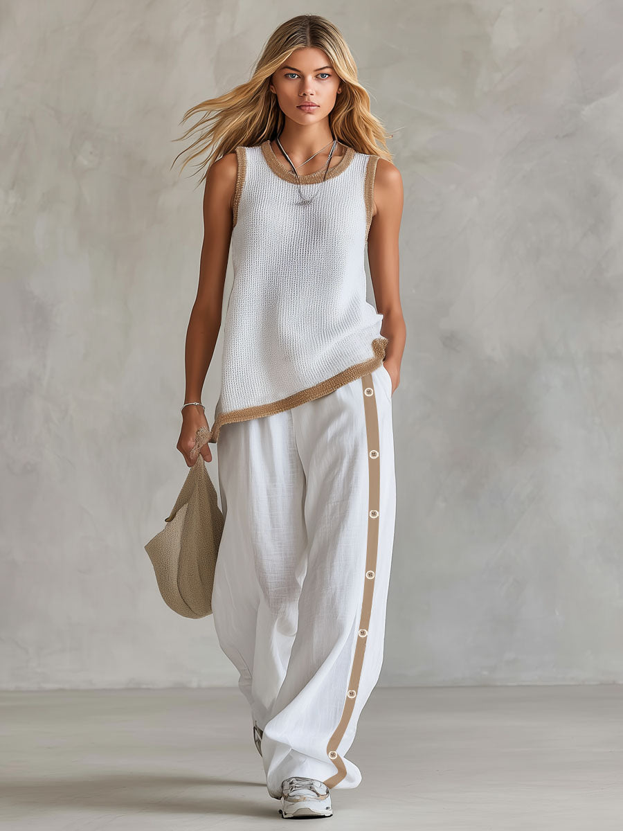 Loose-fitting Color-blocked Crew Neck Knit Top And Cotton-linen Pants Set