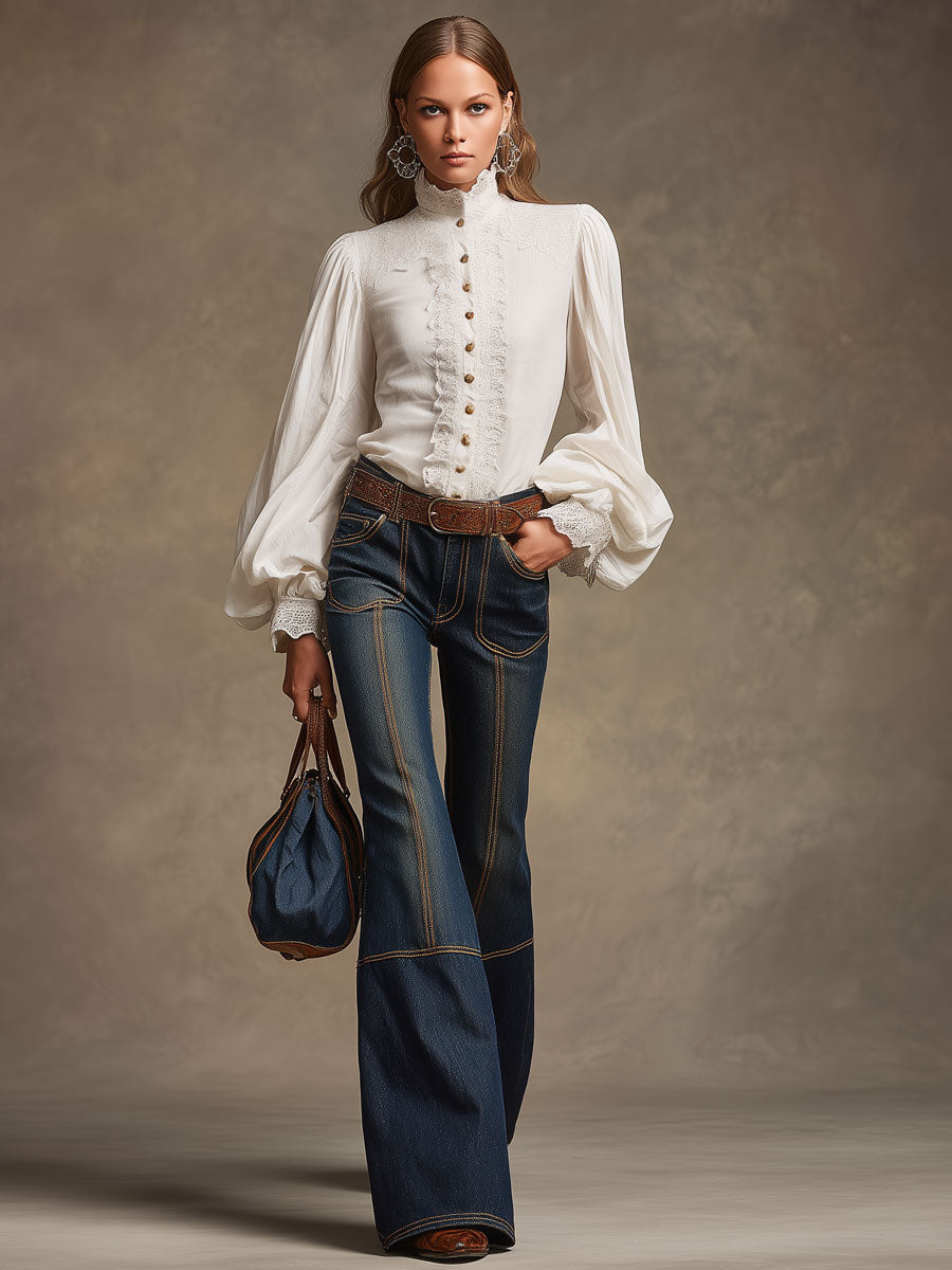 Western Retro White Lace Cotton Long-Sleeved Shirt