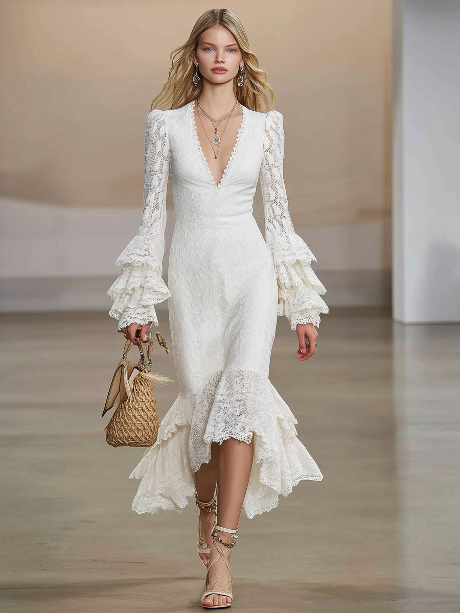 V-neck Lace Ruffle Long-sleeved Midi Dress