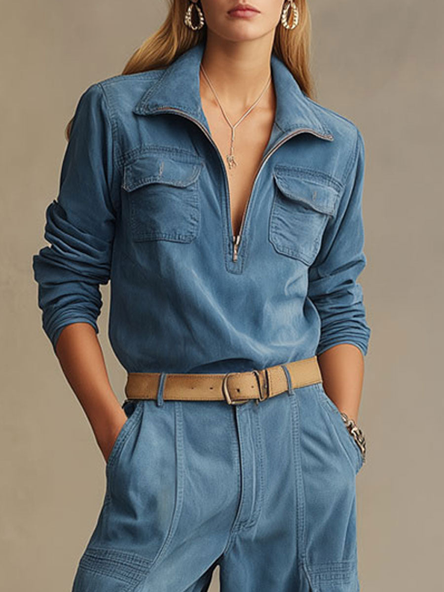 Western Retro Blue Faux Suede Half-Zip Top And Wide-Leg Cargo Pants Set