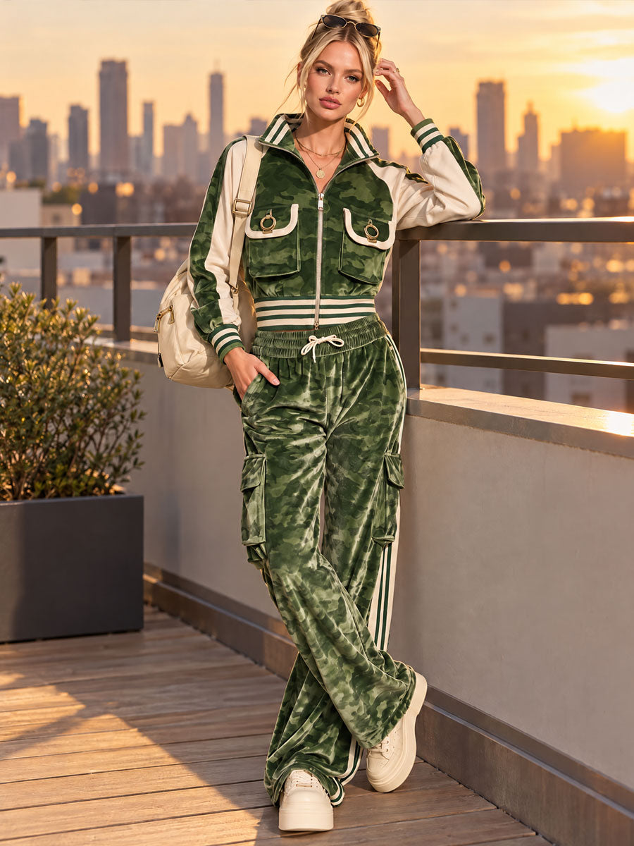 Stylish Retro Green Camouflage Velvet Print Jacket And Pants Set