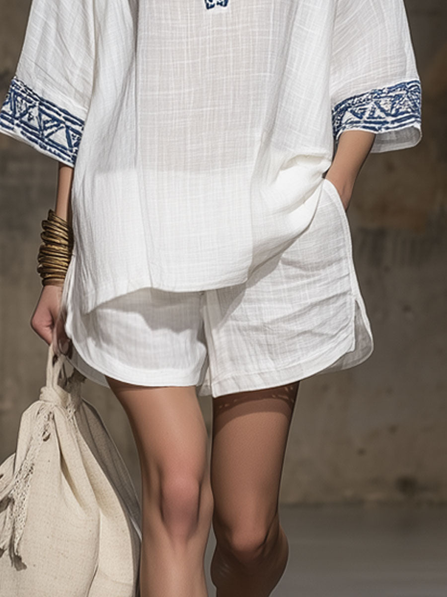Bohemian Embroidered White Cotton And Linen Short-sleeved Shirt And Shorts Set