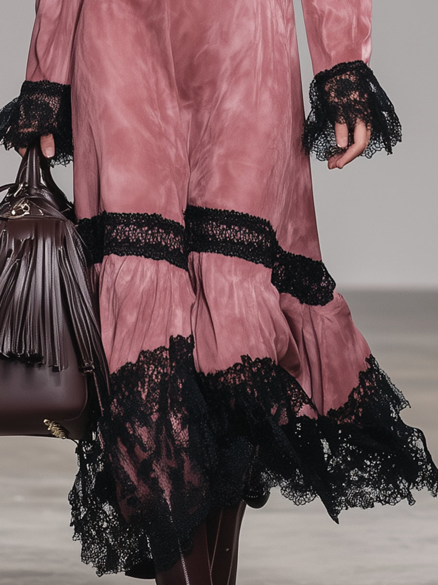 Western Pink Faux Suede Round Neck Hollow-Out Lace Maxi Dress