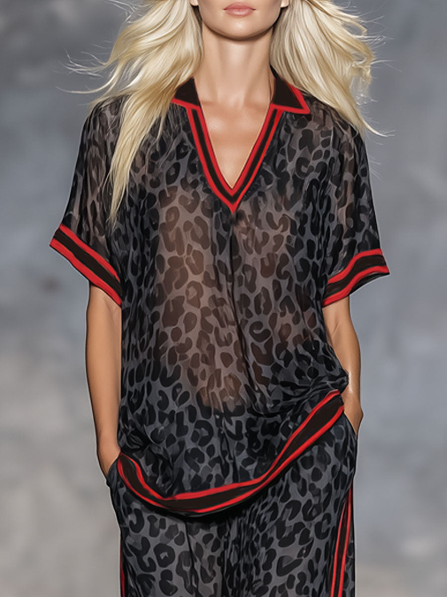 Leopard Print Chiffon Short-sleeved Top And Trousers Set