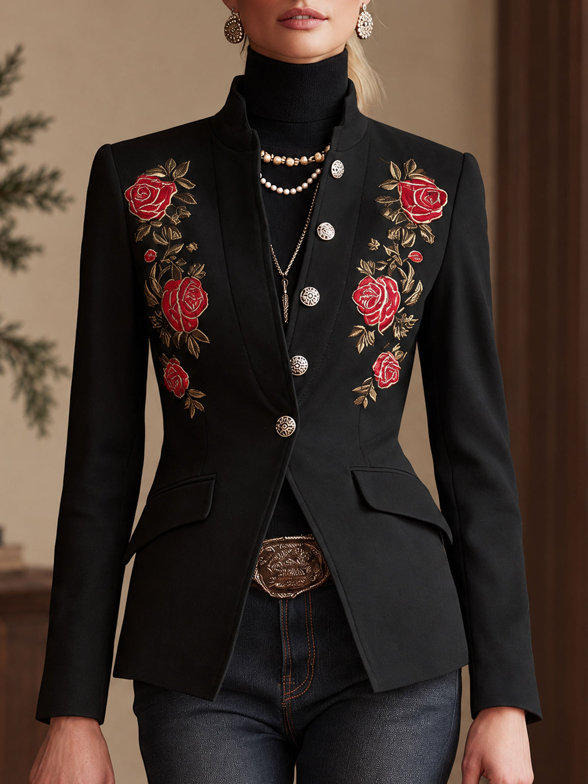 Stand Collar Single-breasted Rose Embroidered Woolen Blazer