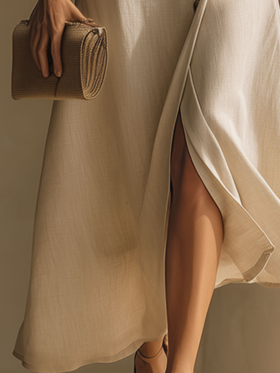 Stylish And Casual Button-down White Cotton And Linen Blend Midi Dress