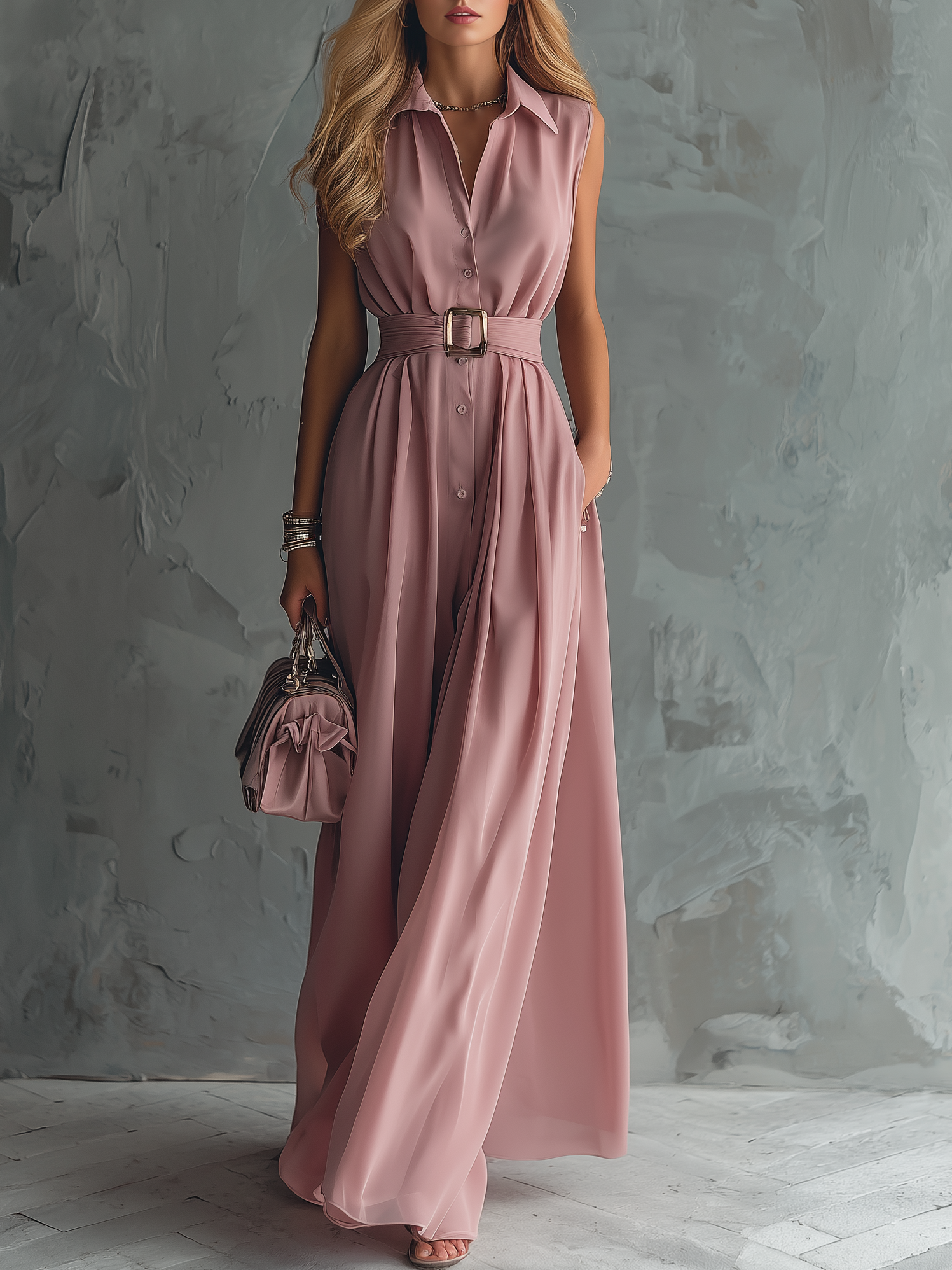 Stylish And Elegant Lapel Sleeveless Button-down Chiffon Long Dress