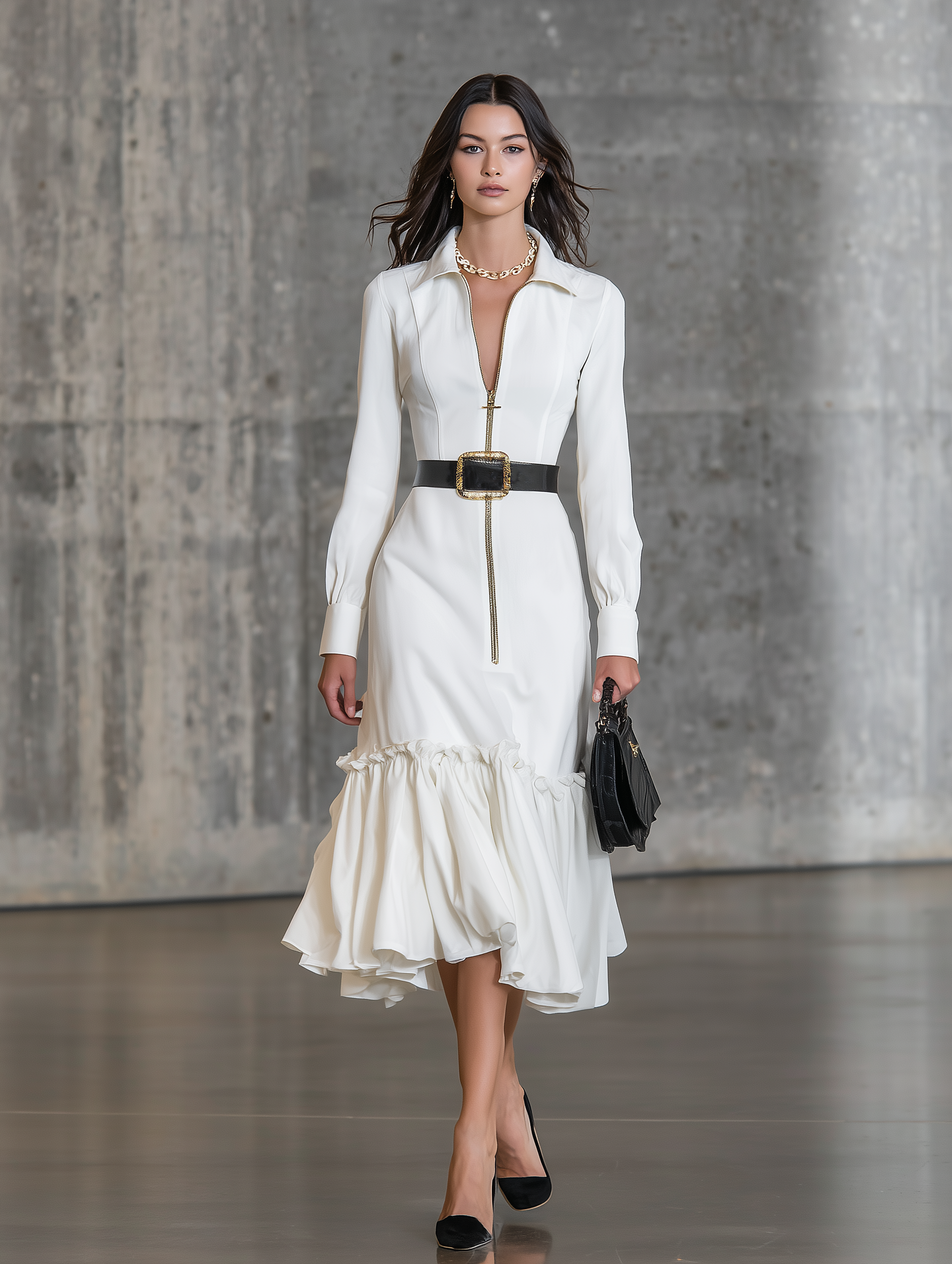 Elegant White Cotton And Linen With Zipper And Ruffle Details Midi Dress