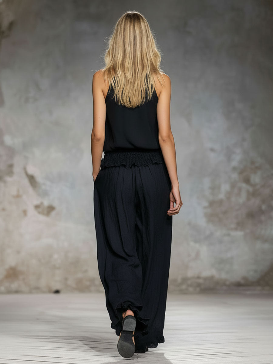 V-neck Vintage Floral Embroidered Sleeveless Cotton Top And Pants Set