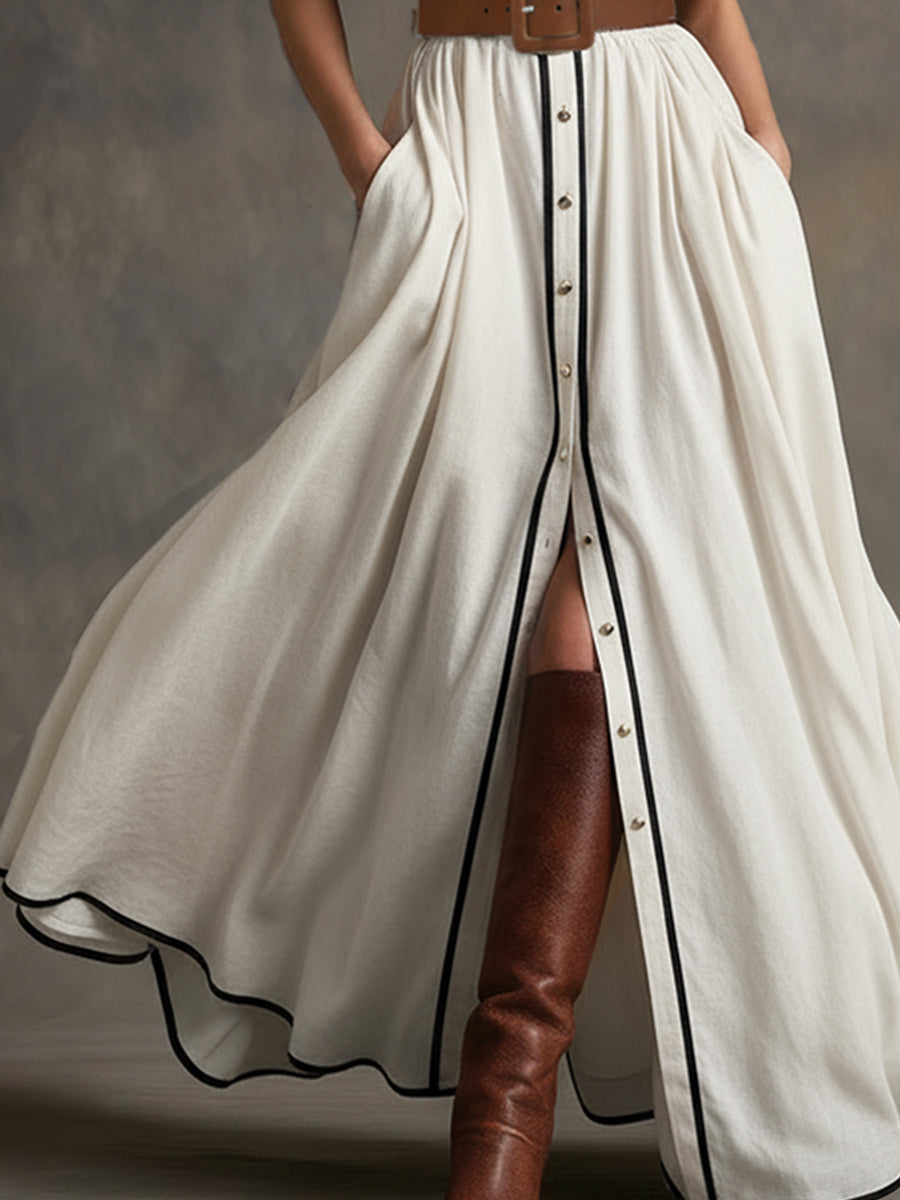 Vintage-style Piped White Cotton And Linen Collared Sleeveless Maxi Dress