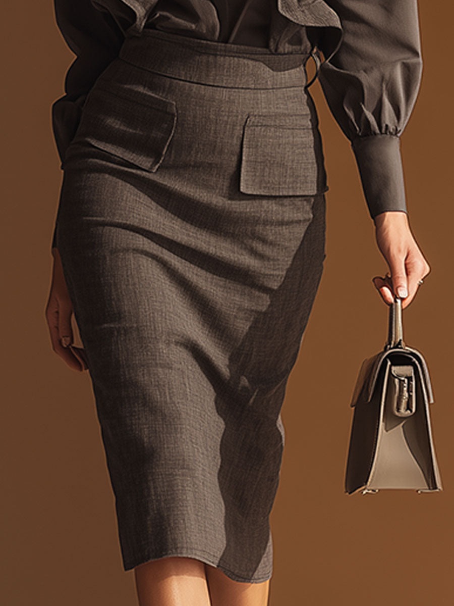 Urban Chic Grey Ruffled Blouse And Skirt Set