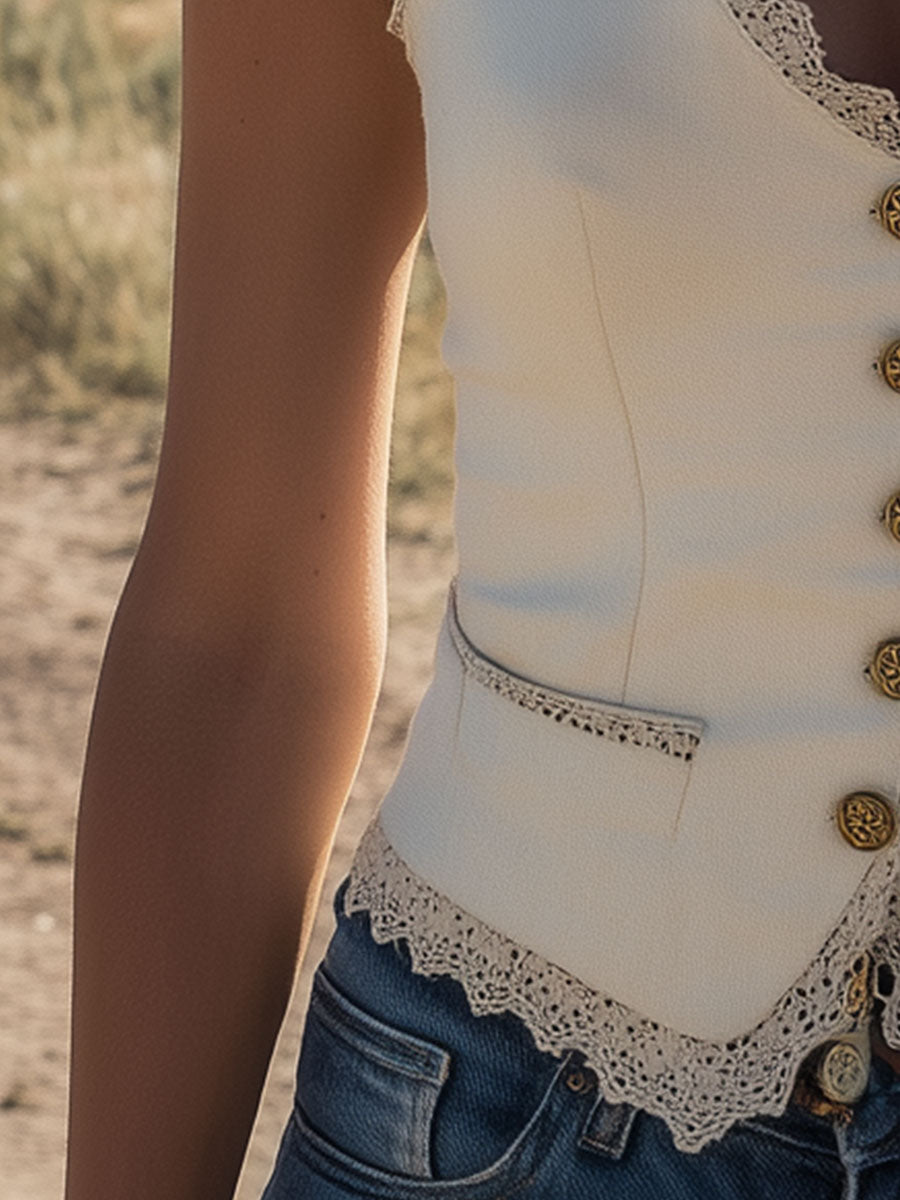 Western-style Retro Lace-trimmed White Faux Suede Sleeveless Vest