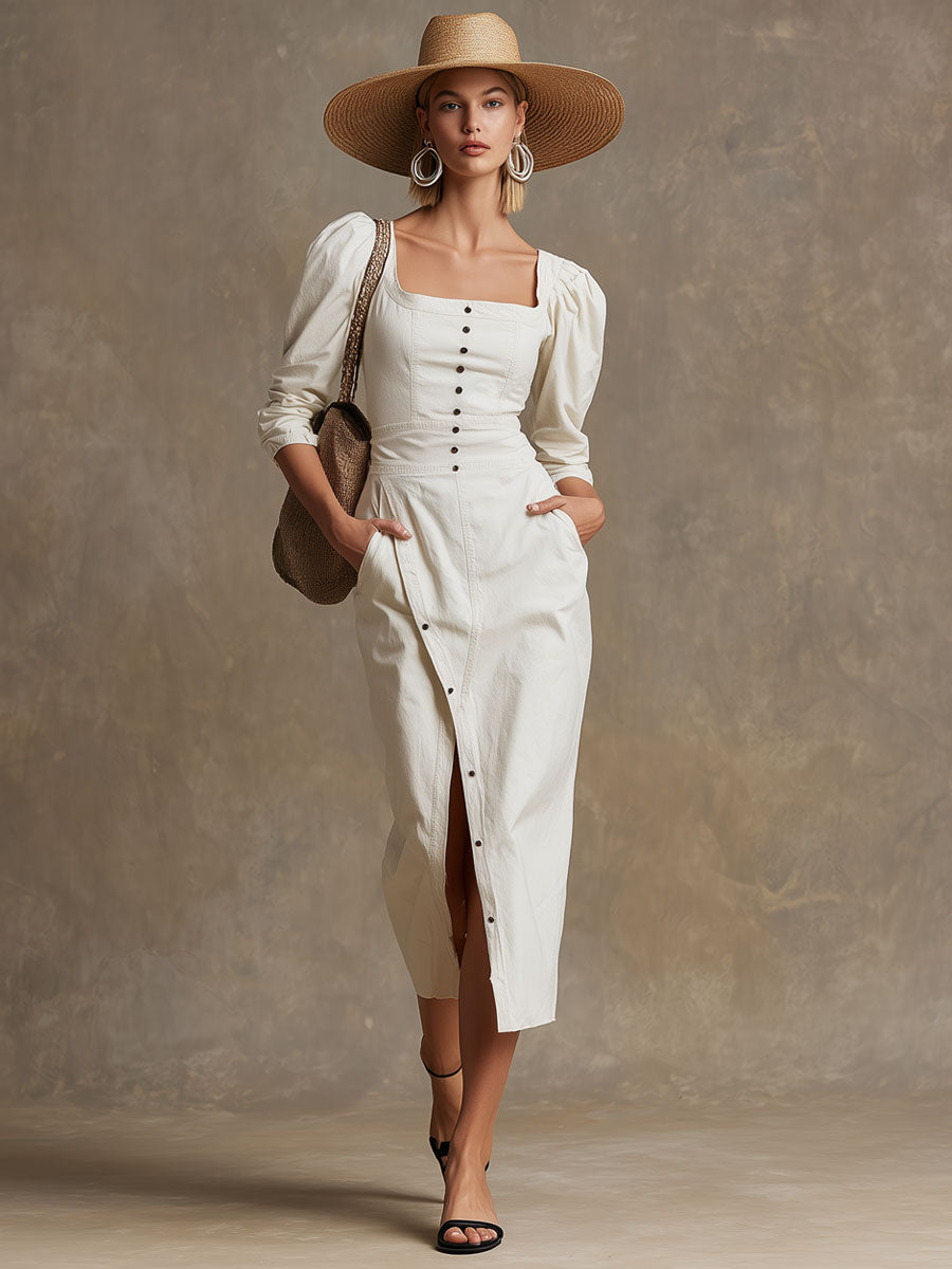 Fashionable Retro-style Square Neckline Long-sleeved White Cotton Midi Dress