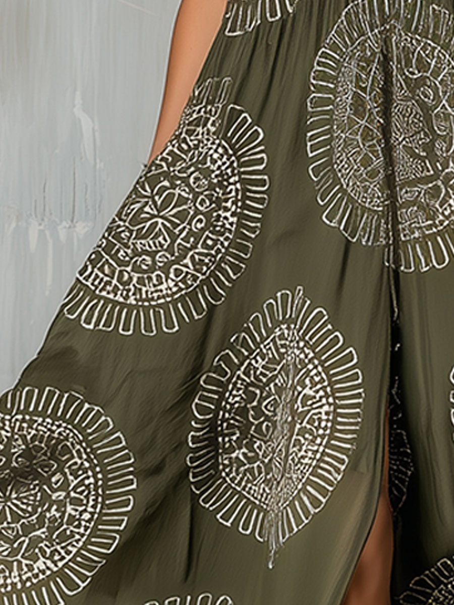 Western Retro Ethnic Style White Floral Print Olive Green Chiffon Midi Dress