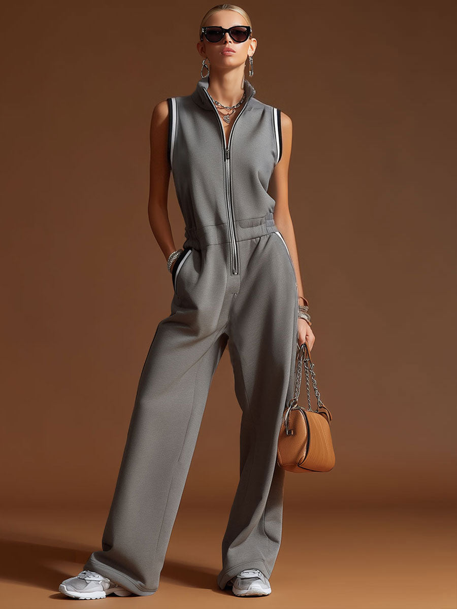 Casual Sporty Retro Dark Gray Cotton Blend Zipper Sleeveless Jumpsuit
