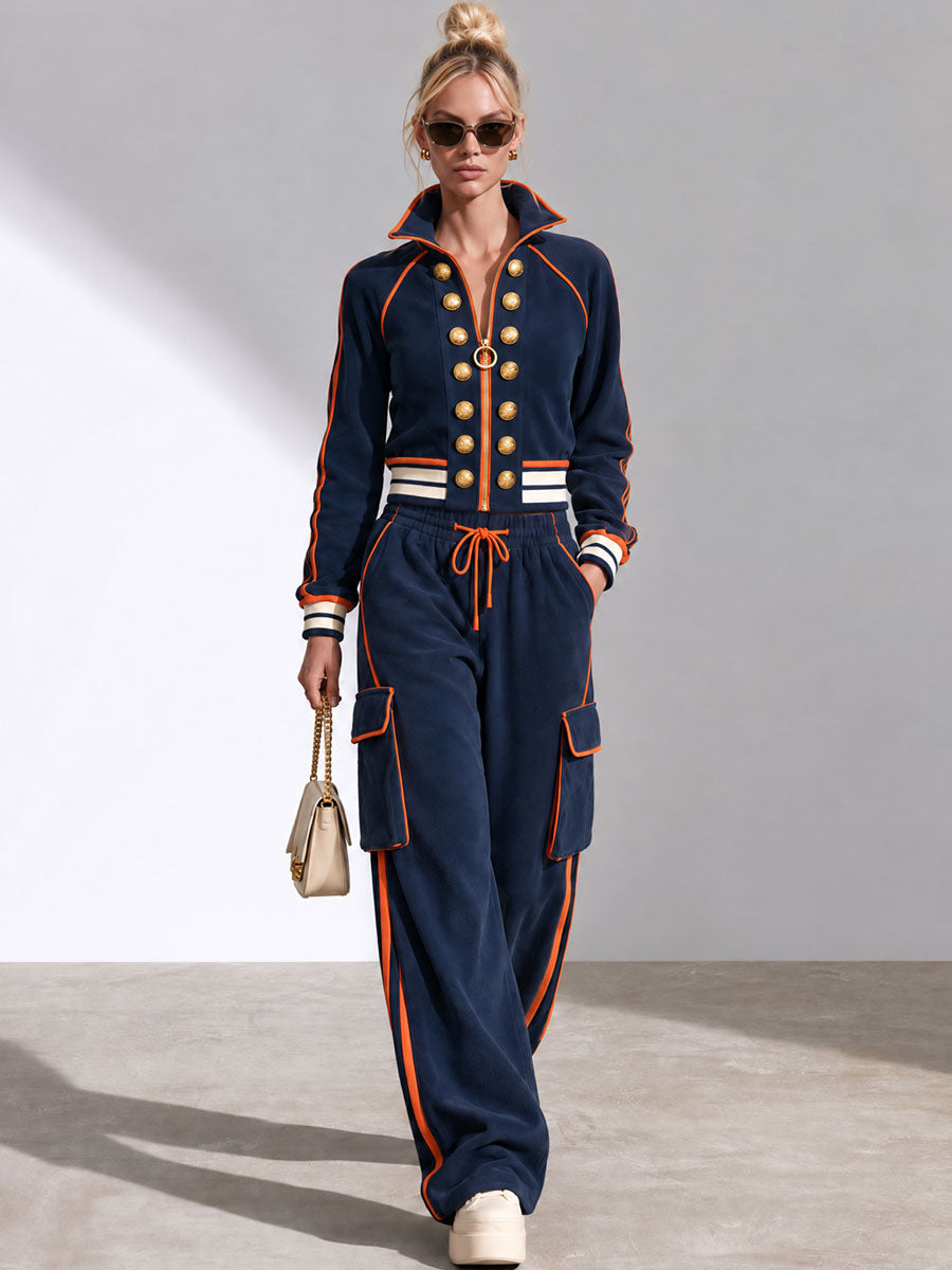 Sporty Retro Double-breasted Decorative Button-down Blue Jacket And Trousers Set