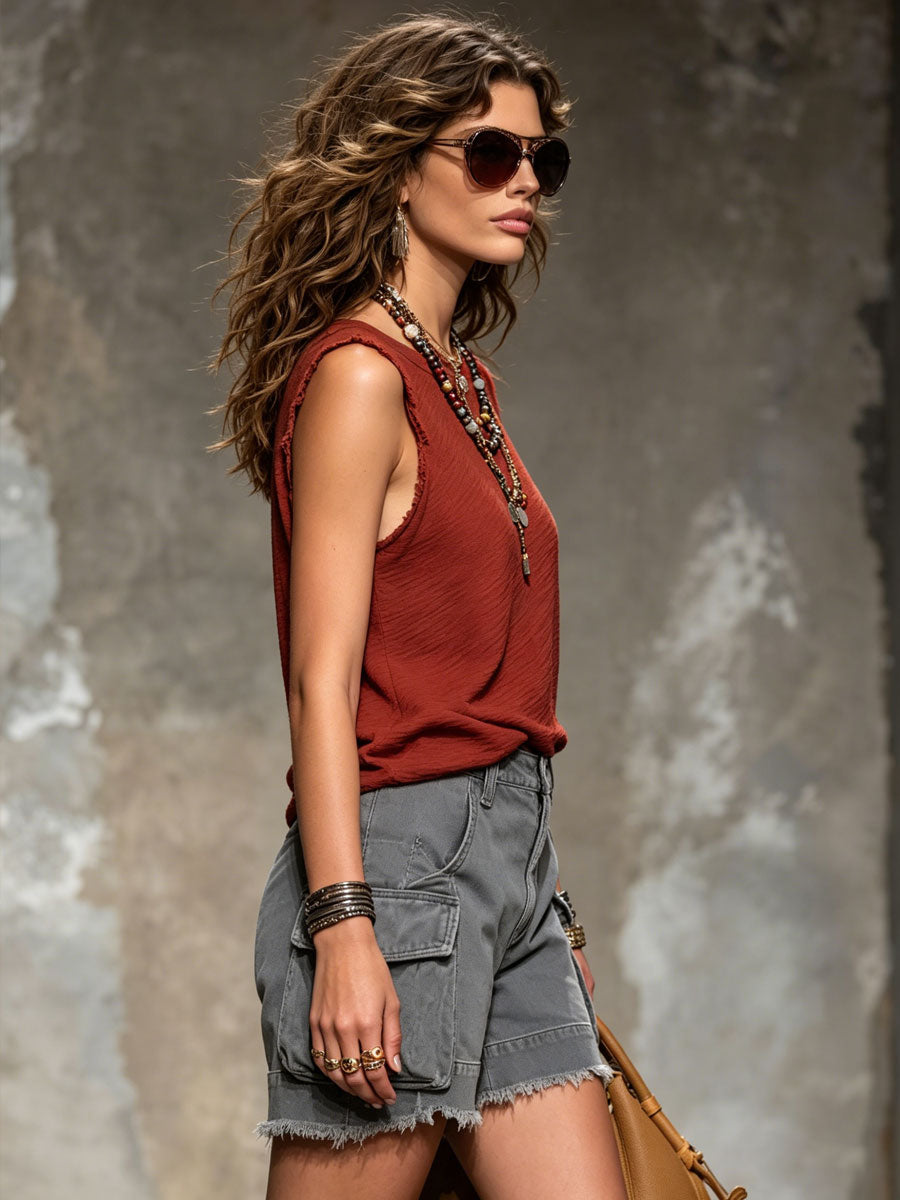 Casual Retro Gray Denim Frayed Edge 3D Pocket Shorts