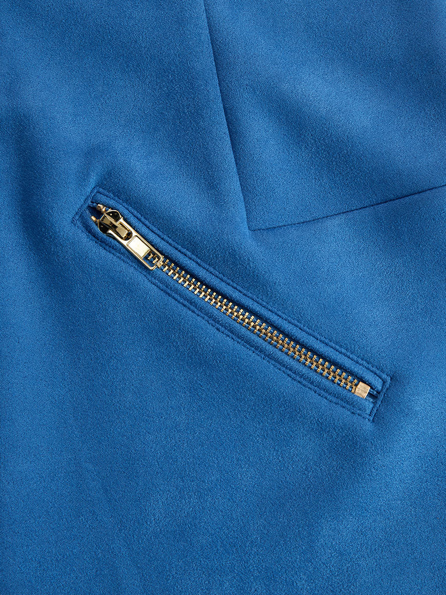 Retro Western Style Zippered Collar Blue Fringed Faux Suede Mini Dress