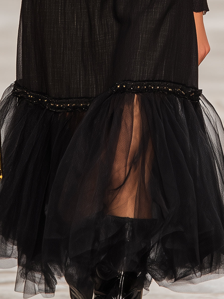 Western Black Cotton Linen Patchwork Tulle Round Neck Midi Dress
