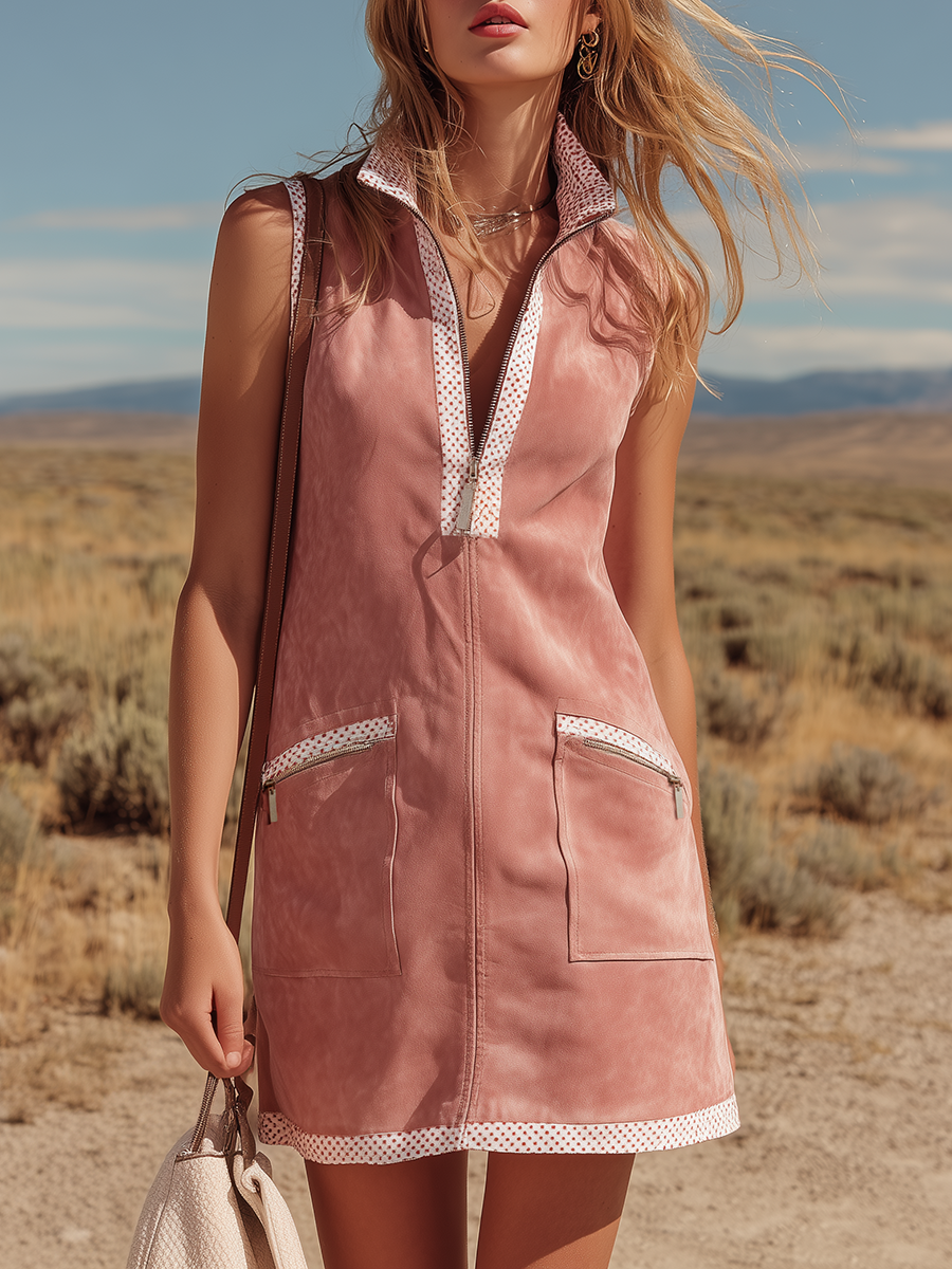 Western Bohemian Style Stand-up Collar Sleeveless Zip-up Faux Suede Mini Dress