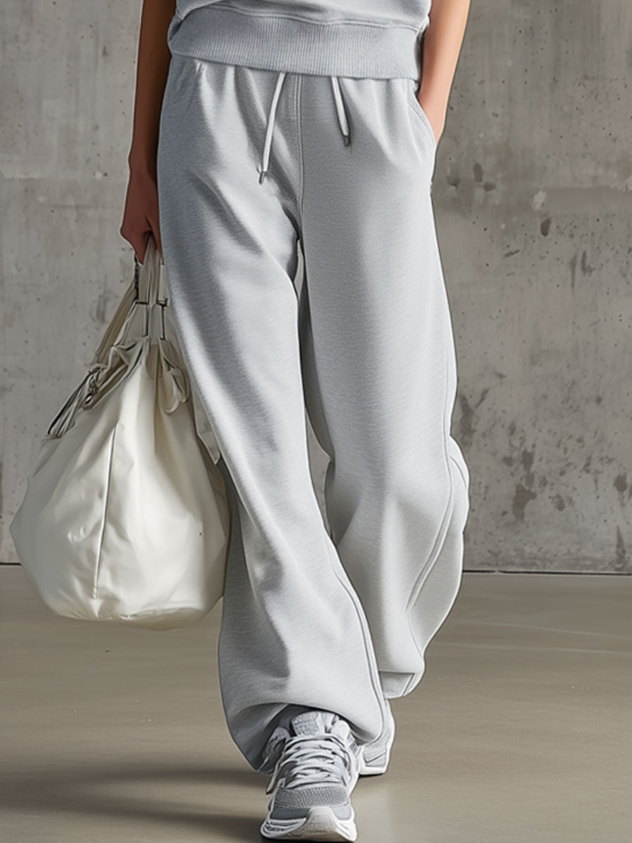 Casual Retro Denim Patchwork Light Gray Sleeveless Sweatshirt And Pants Set