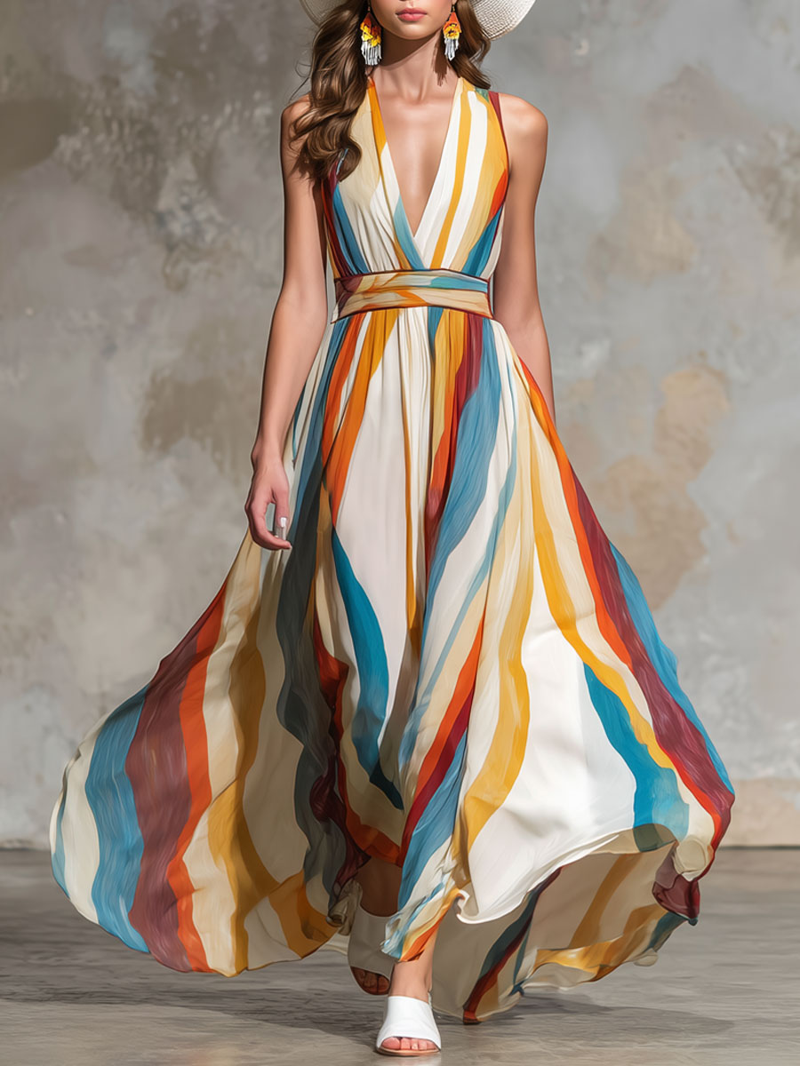 Vacation Retro Rainbow Striped Chiffon Sleeveless Maxi Dress