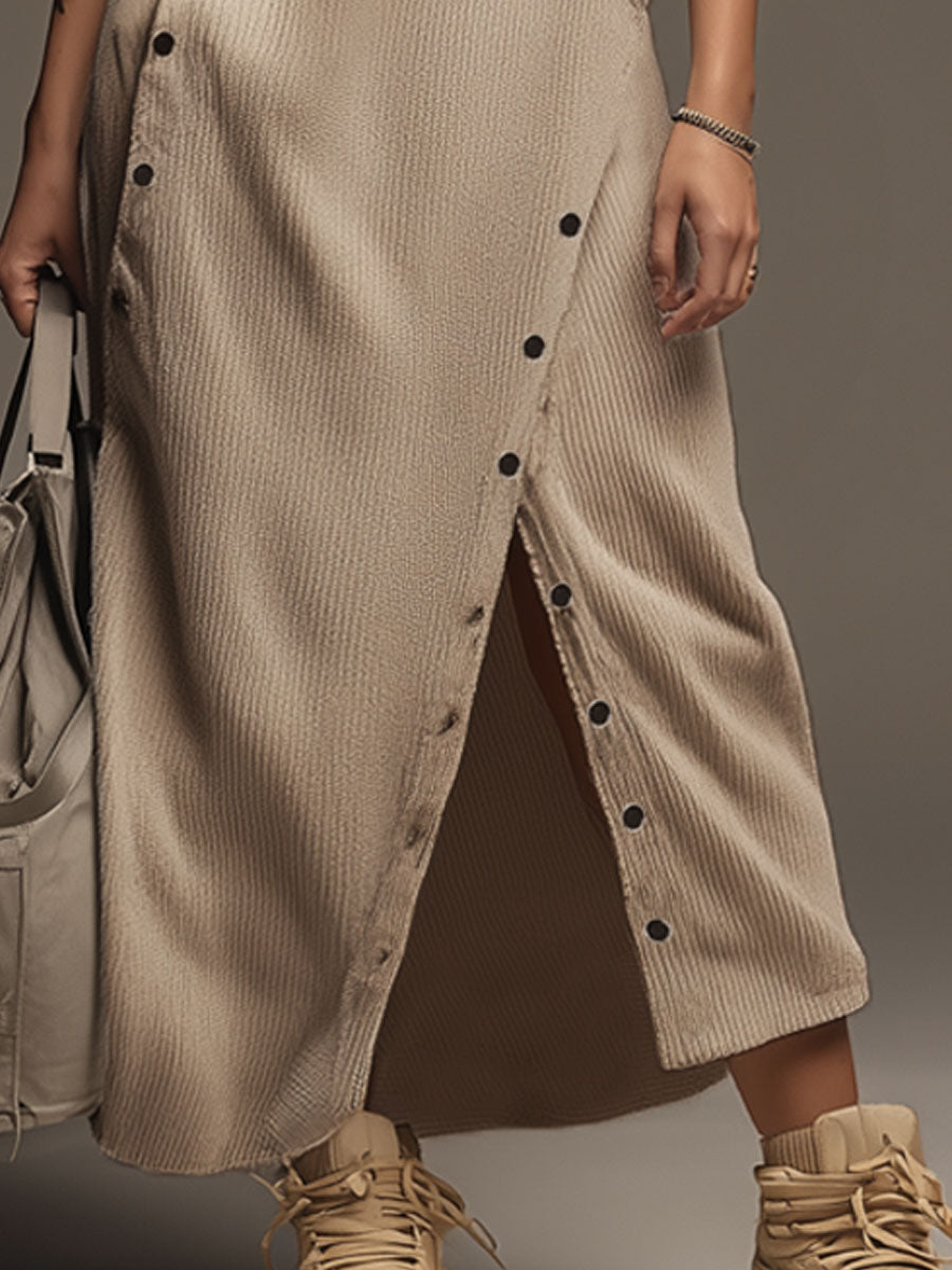 Sporty Retro Khaki Knit Ribbed Sleeveless Hooded Slit Maxi Dress