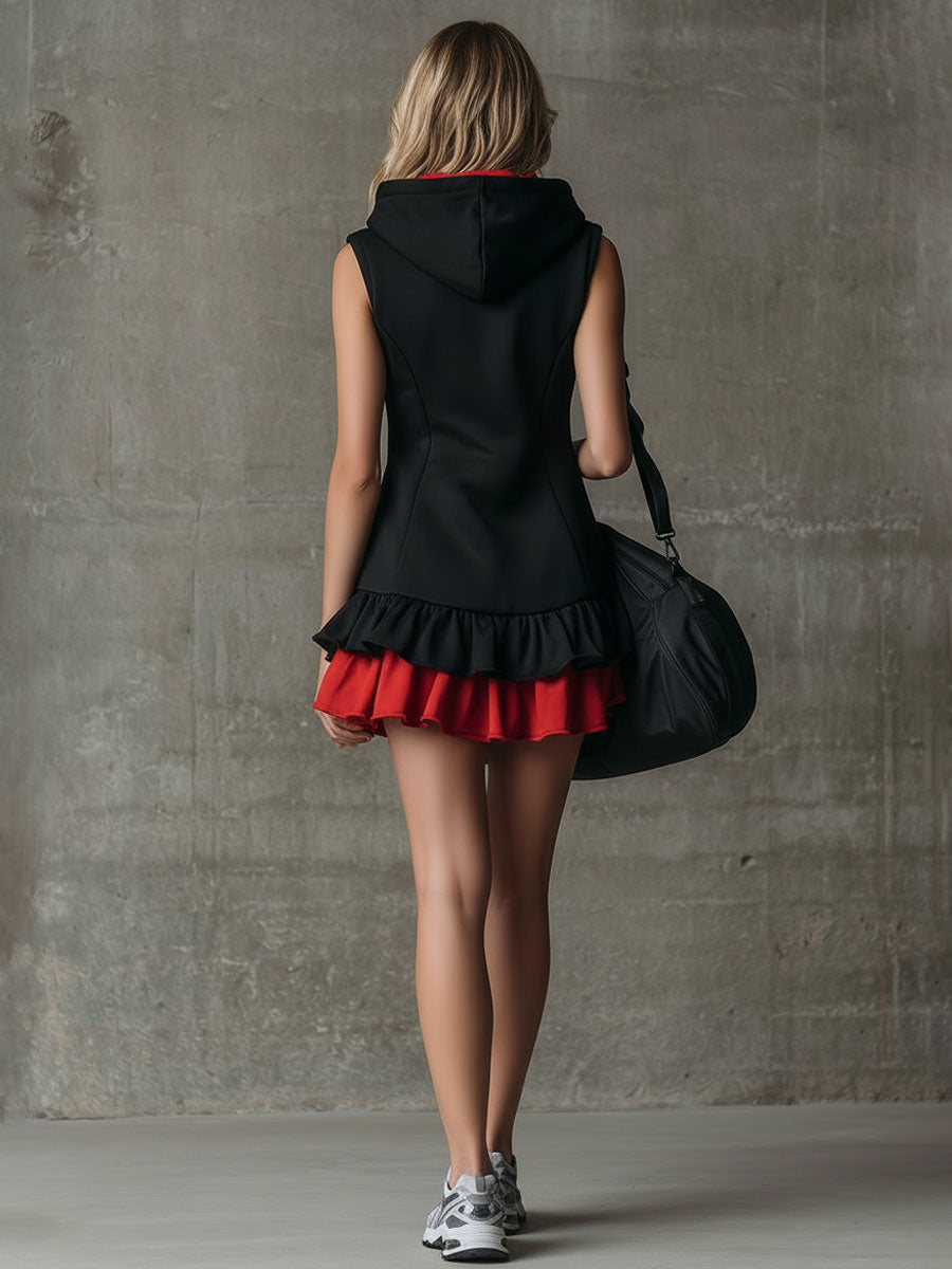 Sporty Retro Embroidered Red Ruffled Black Sleeveless Hooded Mini Dress